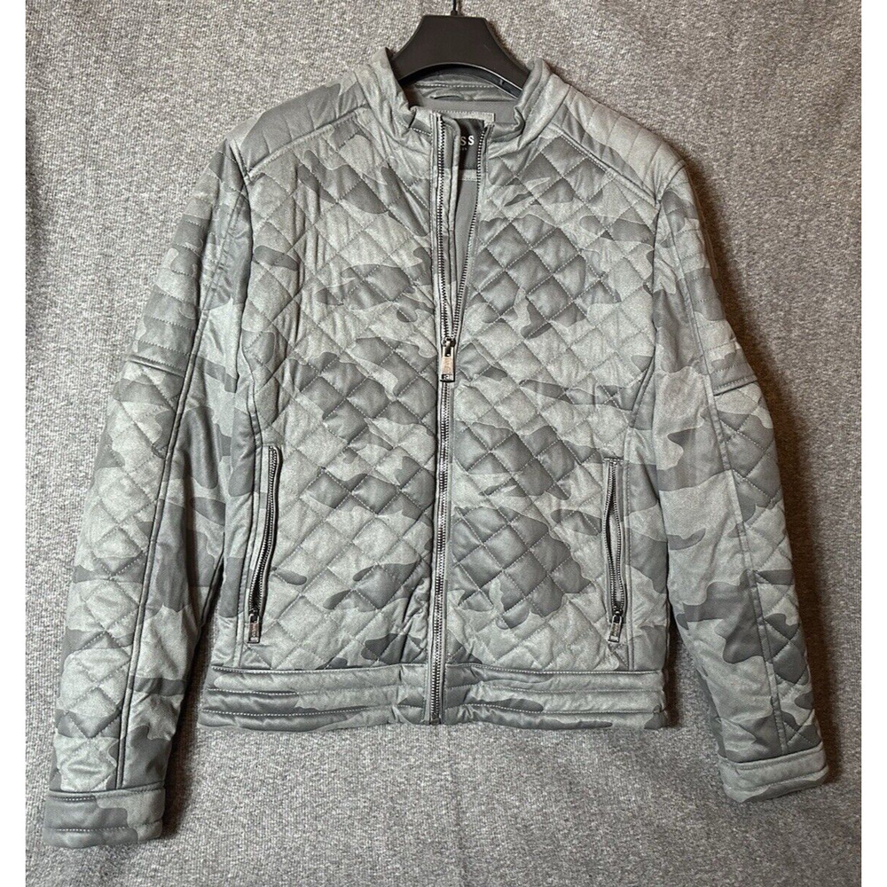 GUESS Jacket Mens Large Gray Camo Bomber Coat Full Zip Moto Biker M81L12 90s Y2K